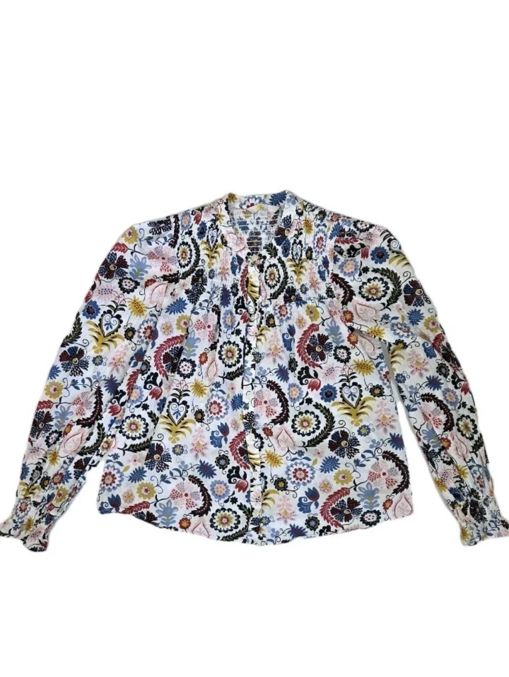 Boden Smocked Yoke Cotton Blouse Womens Size 6 Multi Ornamental Garden Print